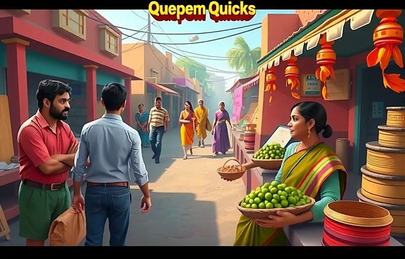 Quepem Quicks gameplay showing Indian market scene with various vendors and customers