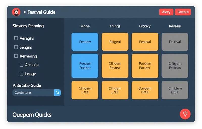 Quepem Quicks strategy guide showing festival planning interface