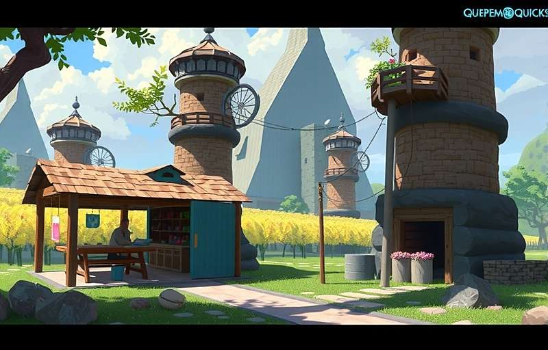 Concept art for Quepem Quicks rural expansion showing village market scene